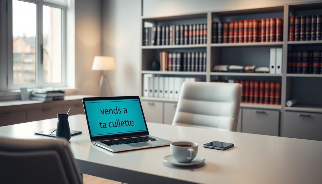 A clean, well-lit office setting with a sleek, modern desk and chair. On the desk, a laptop displaying the "Vends Ta Culotte" website, alongside a cup of coffee and a smartphone. In the background, shelves filled with legal books and documents, conveying a sense of professionalism and data protection expertise. The lighting is soft and diffused, creating a calm, serious atmosphere. The camera angle is slightly elevated, emphasizing the attention to detail and security measures present on the platform.