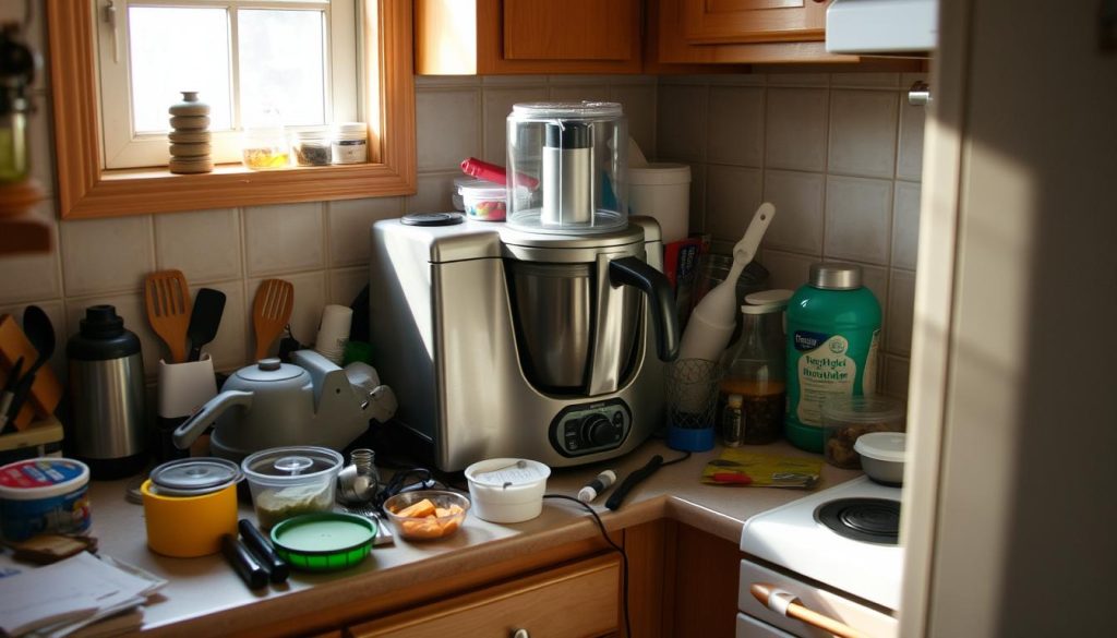 A compact kitchen counter crowded with a large, modern-looking food preparation appliance, surrounded by various kitchen items and utensils. The device takes up significant space, leaving little room for other activities. Natural lighting from a nearby window creates a warm, inviting atmosphere, but the clutter and lack of organization suggest practical challenges in using the appliance in this constrained environment. The image conveys a sense of both the device's functionality and the practical difficulties of accommodating it within a typical home kitchen layout.