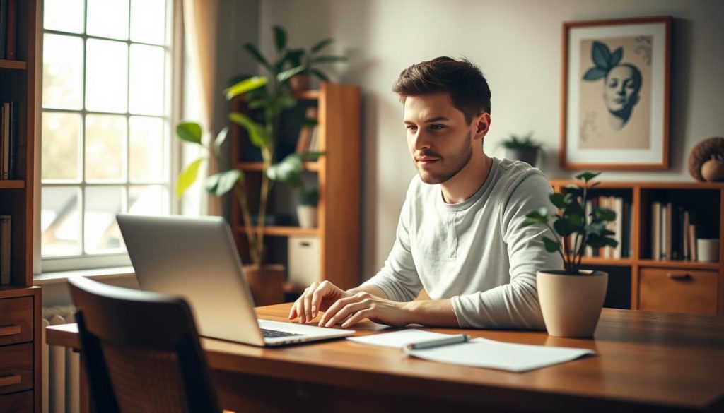 A cozy home office setting with a wooden desk, a laptop, and a potted plant. Warm, natural lighting filters through a large window, casting a soft glow on the user's face as they engage with the device. The desk surface is clean and organized, reflecting a thoughtful, user-centric design. The user's expression is one of focused concentration, embodying the essence of a positive user experience. In the background, a bookshelf and a framed artwork add depth and a sense of personality to the scene. The overall atmosphere conveys a sense of comfort, productivity, and attention to detail, showcasing the user's seamless interaction with the technology.
