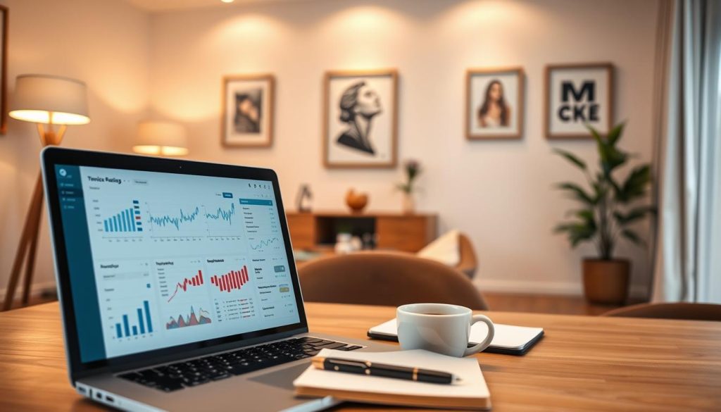 A detailed analysis of a website presented against a backdrop of a warm, modern interior design. In the foreground, a laptop displays analytical data and metrics, with various graphs and charts showcasing website performance. In the middle ground, a stylish desk setup with a notebook, pen, and a cup of coffee, creating a productive, professional atmosphere. The background features clean, minimalist walls with tasteful artwork, suggesting a calm, focused work environment. Soft, directional lighting casts a cozy glow, enhancing the sense of thoughtful evaluation. The overall mood is one of diligent assessment, with a touch of sophistication.