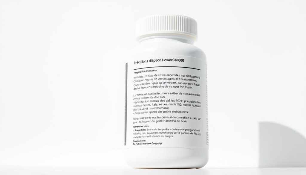 A detailed close-up view of a white nutrition supplement bottle labeled "Précautions d'emploi Power Cal1000" against a clean, minimalist background. The bottle has a sleek, modern design with a matte finish. The label features clear, simple typography highlighting the product name and key instructions for use. Soft, natural lighting illuminates the bottle, creating subtle shadows and highlights that emphasize its form and texture. The image conveys a sense of clinical precision, highlighting the importance of carefully following the product's instructions and safety guidelines.