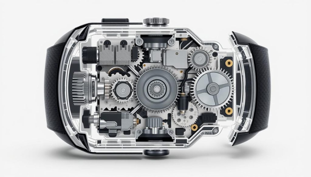 A detailed cross-section diagram of the internal mechanism of the Power Cal1000 fitness tracker, showcasing its intricate gears, sensors, and electronic components. The image should be rendered in a technical, engineering-style aesthetic, with a focus on accurate depiction of the device's inner workings. The composition should clearly highlight the key functional elements, allowing the viewer to understand how the Power Cal1000 monitors and analyzes physical activity. Crisp lighting from multiple angles should enhance the sense of depth and three-dimensional structure, while a neutral background emphasizes the engineering details. The overall mood should convey a sense of precision, innovation, and technological sophistication.