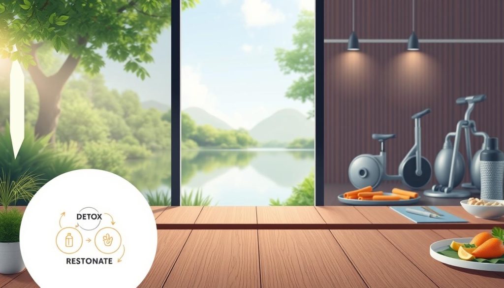 A detailed illustration of the three phases of the Reborn21 weight loss program. In the foreground, a clean, minimalist diagram showcases the three steps - Detox, Rejuvenate, and Restore - represented by circular icons. The middle ground features a holistic scene with serene natural elements like lush greenery, a calm lake, and soft lighting, symbolizing the program's balanced approach. In the background, subtly rendered fitness equipment and healthy meal options hint at the practical application of the Reborn21 methodology. The overall mood is one of balance, rejuvenation, and a sense of personal transformation.