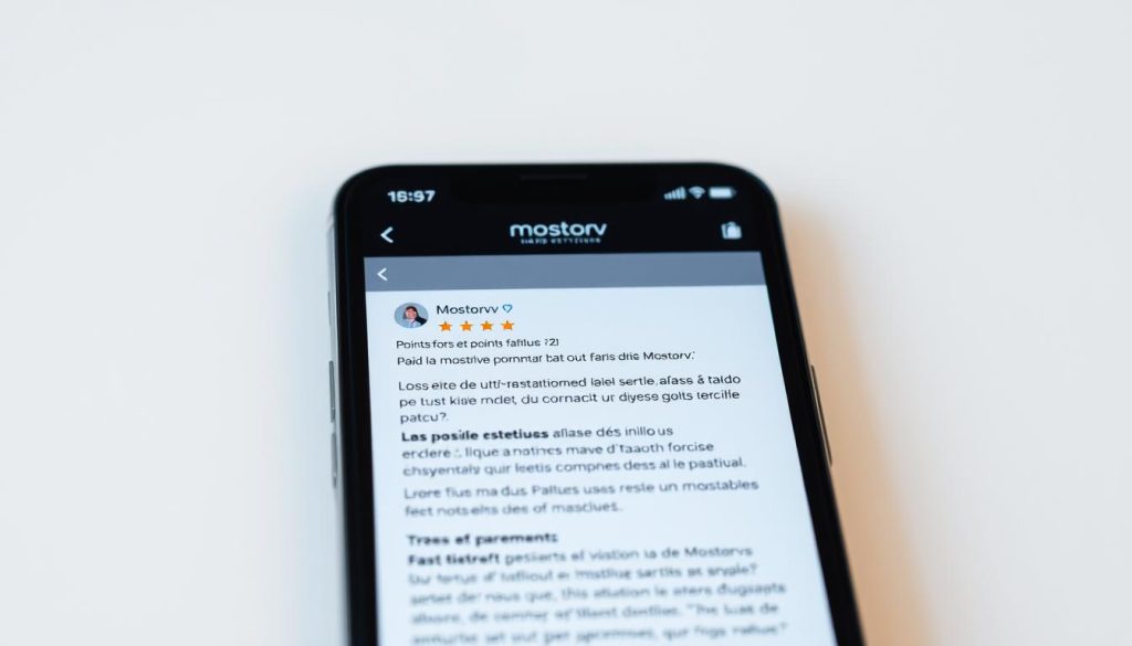 A detailed, well-lit close-up photograph of a sleek, modern smartphone with a high-quality screen displaying a series of positive and negative user reviews for the "Mostorv" product, showcasing a mix of praise and criticism that reflects the section title "Points forts et points faibles de Mostorv". The scene is set against a minimalist, neutral-toned background that emphasizes the device and its content. The lighting is soft and natural, creating depth and highlighting the nuances of the reviews. The camera angle is slightly angled to provide an engaging, immersive perspective for the viewer. A detailed, well-lit close-up photograph of a sleek, modern smartphone with a high-quality screen displaying a series of positive and negative user reviews for the "Mostorv" product, showcasing a mix of praise and criticism that reflects the section title "Points forts et points faibles de Mostorv". The scene is set against a minimalist, neutral-toned background that emphasizes the device and its content. The lighting is soft and natural, creating depth and highlighting the nuances of the reviews. The camera angle is slightly angled to provide an engaging, immersive perspective for the viewer.