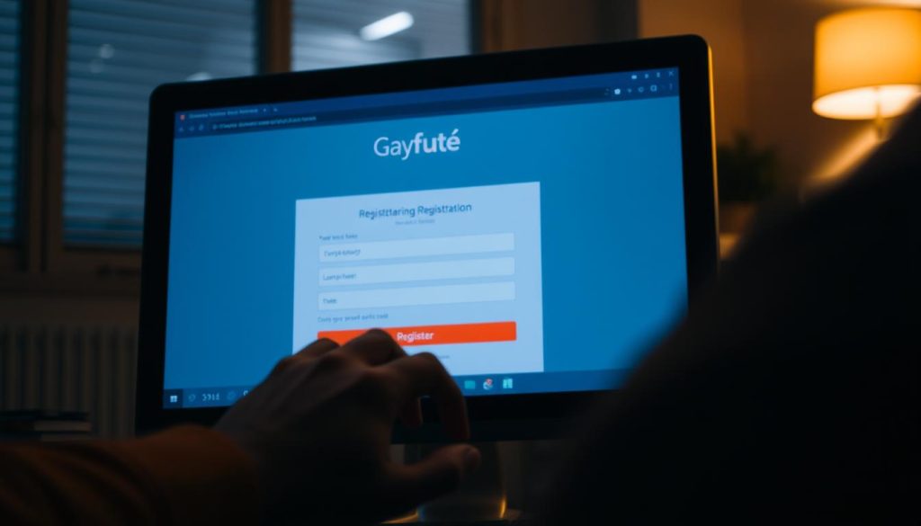 A dimly lit office interior, the focus centered on a desktop computer screen displaying an online registration form for the website "Gayfuté". The screen is partially obscured by a user's hands typing intently, with a sense of focused concentration. The background is softly blurred, suggesting a quiet, private setting. The lighting is warm and subtle, casting a gentle glow on the scene. The overall mood is one of thoughtful deliberation, as the user navigates the registration process with care and attention to detail. A dimly lit office interior, the focus centered on a desktop computer screen displaying an online registration form for the website "Gayfuté". The screen is partially obscured by a user's hands typing intently, with a sense of focused concentration. The background is softly blurred, suggesting a quiet, private setting. The lighting is warm and subtle, casting a gentle glow on the scene. The overall mood is one of thoughtful deliberation, as the user navigates the registration process with care and attention to detail.