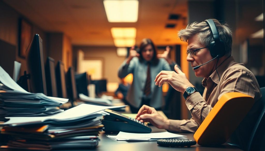 A dimly lit office interior, with a customer service representative looking frazzled and overwhelmed at their desk. In the foreground, a stack of papers and a ringing telephone symbolize the volume of inquiries. In the middle ground, a frustrated customer gestures emphatically, conveying the challenges of poor communication and delayed responses. The background is blurred, hinting at the broader context of a bustling call center. Warm, amber lighting casts shadows, creating a sense of tension and pressure. The overall scene evokes the common frustrations associated with subpar customer service experiences. A dimly lit office interior, with a customer service representative looking frazzled and overwhelmed at their desk. In the foreground, a stack of papers and a ringing telephone symbolize the volume of inquiries. In the middle ground, a frustrated customer gestures emphatically, conveying the challenges of poor communication and delayed responses. The background is blurred, hinting at the broader context of a bustling call center. Warm, amber lighting casts shadows, creating a sense of tension and pressure. The overall scene evokes the common frustrations associated with subpar customer service experiences.