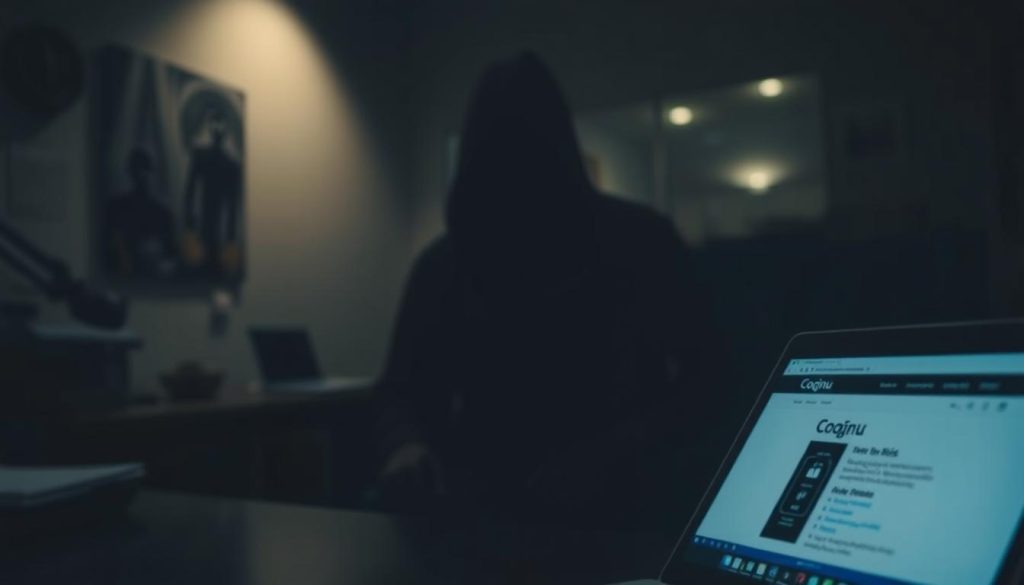 A dimly lit office setting, with a desk and a laptop computer in the foreground. On the laptop screen, a web page titled "Coqnu" is visible, hinting at the potential risks associated with the website. The middle ground features a shadowy figure, their face obscured, representing the unknown dangers lurking within. The background is blurred, creating a sense of unease and uncertainty. The lighting is moody, with soft shadows and a slight vignette effect, conveying a sense of caution and concern. The overall atmosphere is one of cautious investigation, highlighting the need for vigilance when exploring the Coqnu website.