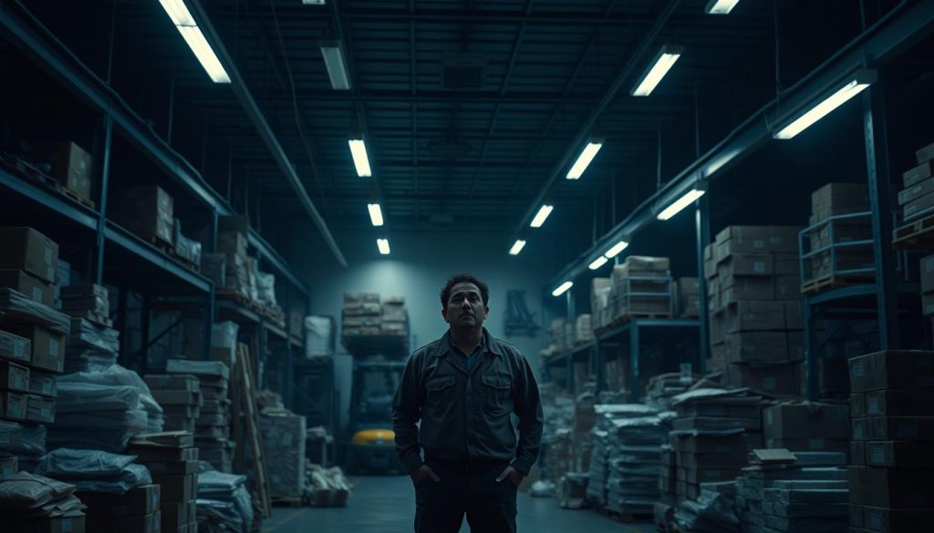 A dimly lit warehouse interior, packages and boxes stacked haphazardly, conveyor belts and forklifts in disarray. Overhead, fluorescent lights cast a harsh, industrial glow, while shadows creep across the cluttered floor. In the foreground, a lone delivery worker, exhausted expression on their face, stands amid the chaos, surrounded by piles of undelivered parcels. The scene conveys a sense of frustration and overwhelming workload, reflecting the challenges of timely package delivery.