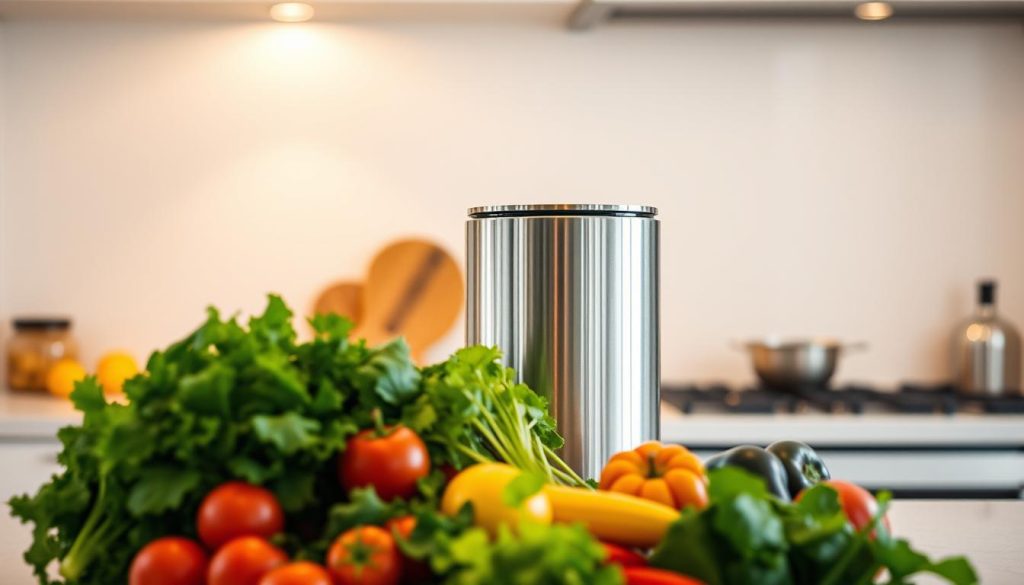 A finely crafted vitaliseur device sits prominently on a clean, minimalist kitchen counter. Warm, diffused lighting from overhead casts a natural glow, highlighting the gleaming stainless steel exterior and the elegant contours of the appliance. The vitaliseur's sleek, cylindrical form exudes a sense of precision and technological sophistication. In the foreground, fresh, vibrant produce - leafy greens, crisp vegetables, and juicy fruits - are neatly arranged, conveying the device's purpose of preserving the nutritional value of natural ingredients. The background is blurred, keeping the focus firmly on the vitaliseur and the healthy, nutrient-rich foods, emphasizing the product's ability to maintain the integrity of vital vitamins and minerals.