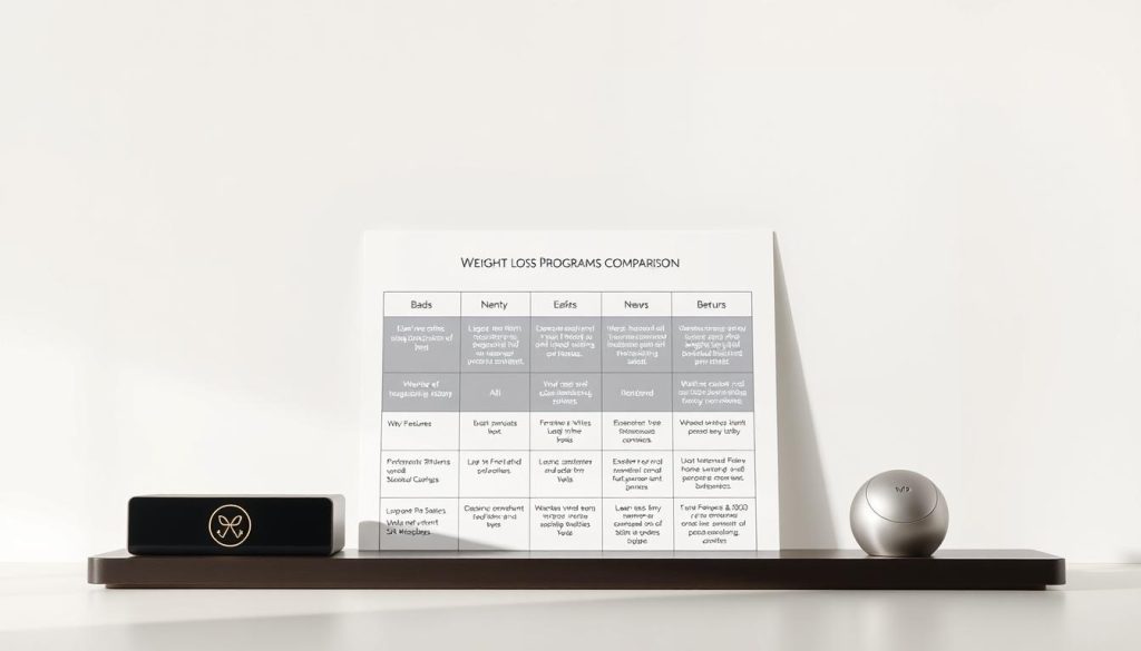 A high-quality comparison of weight loss programs, showcased in a stylish, minimalist layout. The foreground features three distinct programs, each represented by an elegant icon or symbol, subtly conveying their unique approaches. The middle ground displays a clean, structured grid layout, allowing the viewer to easily compare the key features and benefits of each program. The background is a soft, muted palette, focusing attention on the core comparison elements. Gentle lighting from the side creates depth and dimensionality, while a slightly elevated camera angle provides an authoritative, informative perspective. An overall sense of professionalism, clarity, and attention to detail permeates the scene.