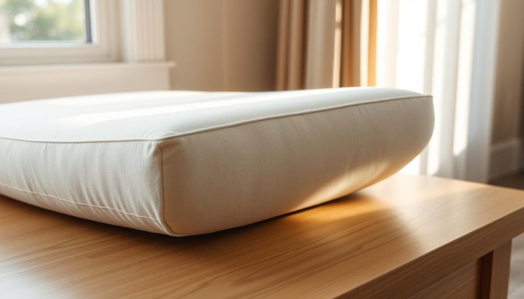 A high-quality orthopedic cushion rests on a well-lit wooden surface, with a soft, neutral-toned fabric cover. The cushion's surface has a gently contoured design, suggesting superior comfort and support. Natural daylight streams in from a nearby window, casting warm, diffused illumination that highlights the cushion's subtle textures and premium construction. The overall setting conveys a sense of refined elegance and attention to detail, evoking the quality and care invested in the product.