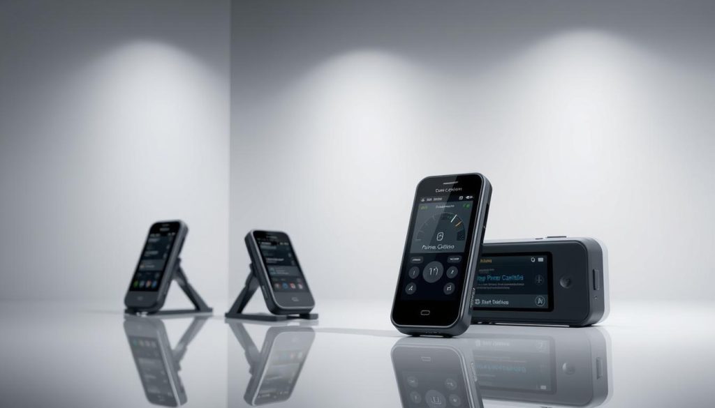 A high-quality, realistic image of the Power Cal1000 device, captured in a well-lit studio setting with a clean, minimalist background. The device should be prominently featured, displayed from multiple angles to showcase its sleek, modern design and intuitive controls. The image should convey a sense of quality, functionality, and user-friendliness, reflecting the positive testimonials and reviews of the product. Subtle reflections and shadows should add depth and dimension to the scene, while maintaining a crisp, professional aesthetic. The overall mood should be one of confidence, trust, and enthusiasm for the Power Cal1000's ability to optimize training and fitness routines.