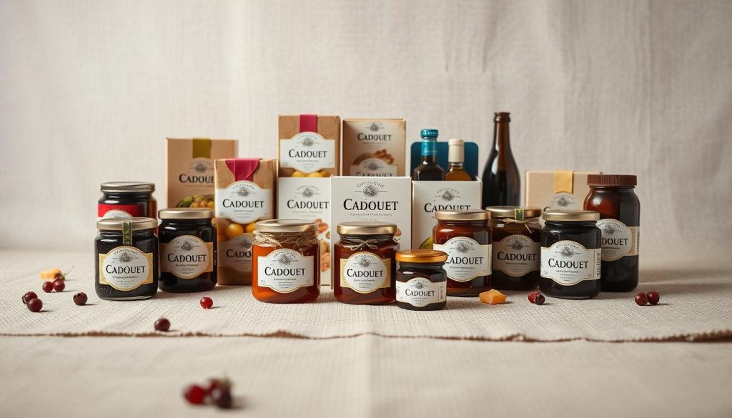 A high-quality, visually appealing image of a selection of Cadouet products arranged in a natural, well-lit setting. The foreground showcases several Cadouet food items, such as jars of jam or preserves, presented in an artful, appetizing manner. The middle ground features additional Cadouet product packaging, including boxes or bottles, arranged harmoniously. The background depicts a neutral, subtly textured surface, like a wooden table or natural-fiber cloth, to provide a clean, uncluttered backdrop that allows the Cadouet products to take center stage. The lighting is soft and diffused, creating a warm, inviting atmosphere that highlights the quality and craftsmanship of the Cadouet brand. The overall composition is visually balanced, with attention to color, texture, and placement to convey the high-quality, artisanal nature of the Cadouet products.