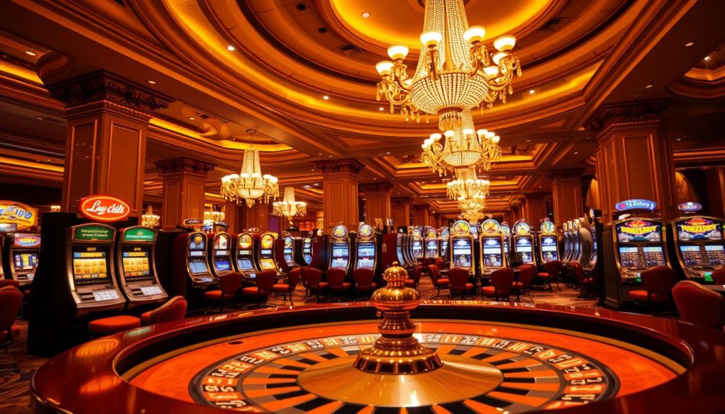 A lavish casino interior, bathed in warm, golden lighting. In the foreground, a roulette table with polished wooden trim and a felt surface, inviting players to try their luck. On the middle ground, rows of slot machines with gleaming metal casings and vibrant digital displays. In the background, ornate chandeliers hang from a high, domed ceiling, casting a soft, ambient glow over the scene. The overall atmosphere is one of elegance, excitement, and the allure of potential riches, capturing the essence of a classic casino experience.
