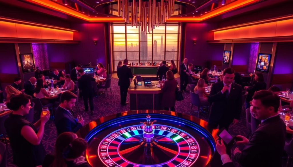 A luxurious casino interior with a vibrant, neon-infused atmosphere. In the foreground, a large roulette table surrounded by well-dressed patrons eagerly awaiting their chance to spin and win. The table is illuminated by a cascading array of colorful lights, creating an electrifying ambiance. In the middle ground, a bar area with a sleek, modern design and bartenders skillfully mixing cocktails. Tall windows along the walls offer glimpses of the city skyline, bathed in the warm glow of the setting sun. The overall mood is one of excitement, indulgence, and the promise of unexpected rewards, perfectly encapsulating the essence of a "bonus casino" experience.