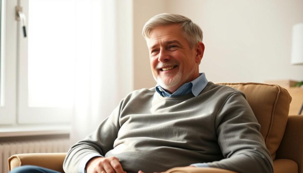 A middle-aged man with a warm, friendly expression sits comfortably in an armchair, thoughtfully considering his experiences with the Cadouet product. Soft, natural lighting illuminates his face, creating a cozy, inviting atmosphere. The background features a minimalist, neutral-toned room, allowing the subject to take center stage. The man's body language conveys a sense of contentment and satisfaction, hinting at his positive review of the Cadouet product. The overall composition and mood suggest a trustworthy, relatable customer testimonial.