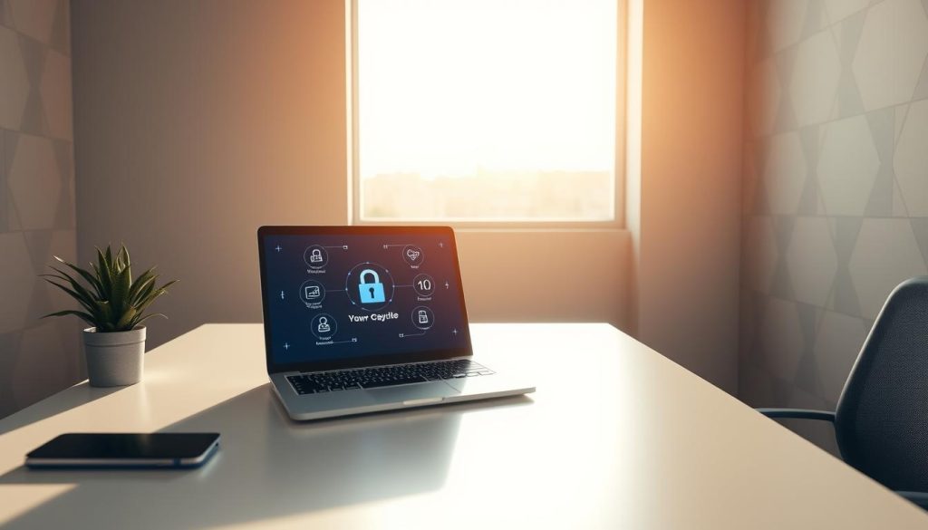 A modern and sleek office setup with a desk, laptop, and security-related icons or symbols displayed on the screen. Soft directional lighting from a large window casts a warm glow, creating a sense of calmness and focus. The background features subtle, geometric patterns in muted tones, complementing the minimalist aesthetic. The overall composition conveys a professional, secure, and user-friendly environment, ideal for an article about improving the Gayfute user experience.