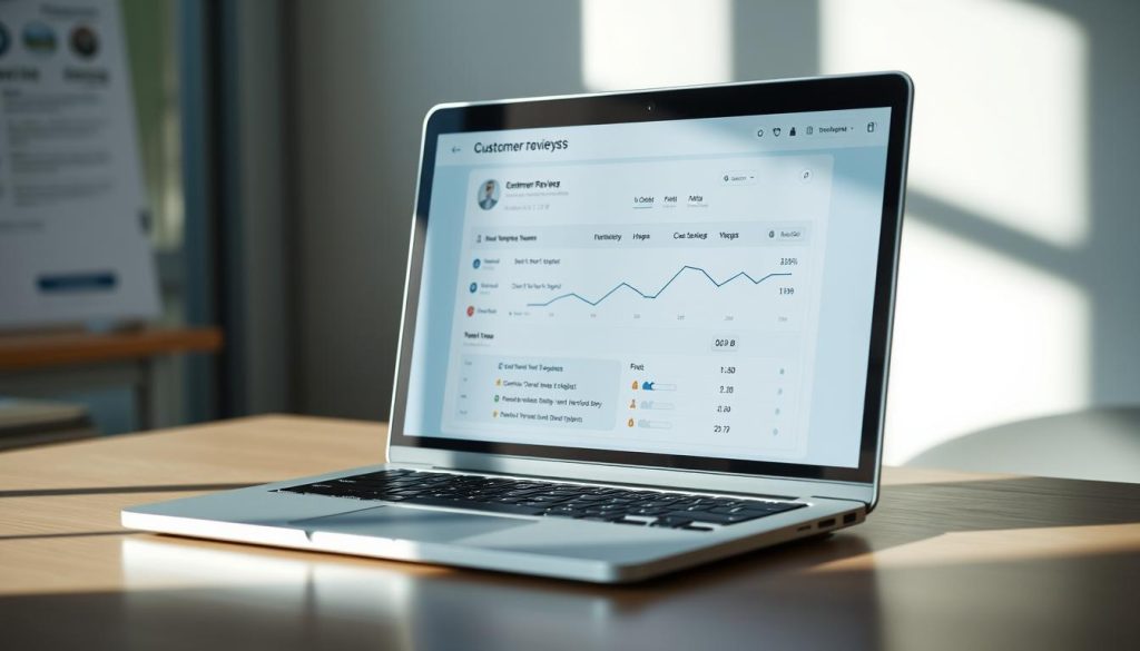 A modern, minimalist analysis of customer reviews on a laptop or tablet screen. The screen displays a simple graph or chart visualizing the sentiment and ratings of the reviews, with a clean, elegant design. Muted colors like blues, grays, and whites create a professional, trustworthy atmosphere. Soft, diffused lighting from the side casts gentle shadows, emphasizing the screen's content. The background is a simple, uncluttered workspace or office setting, with subtle hints of workplace details. The overall impression is one of thorough, data-driven customer insight presented in a visually appealing and informative manner.