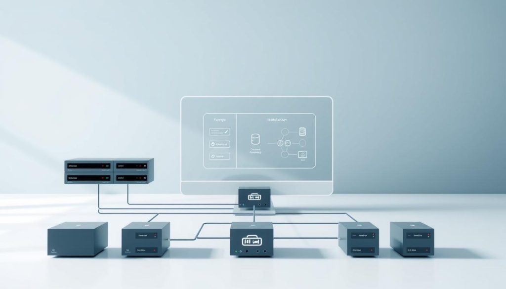 A modern, well-designed infrastructure technique for a website, showcasing a clean and organized layout. In the foreground, a detailed diagram displays the interconnected components, such as servers, databases, and content delivery networks, all working in harmony. The middle ground features a minimalist user interface, highlighting intuitive navigation and seamless user experience. In the background, a subtle play of light and shadow creates a sense of depth, emphasizing the technical sophistication of the system. The overall mood is one of efficiency, stability, and cutting-edge innovation, befitting the section's title "Analyse technique et propriété du site".