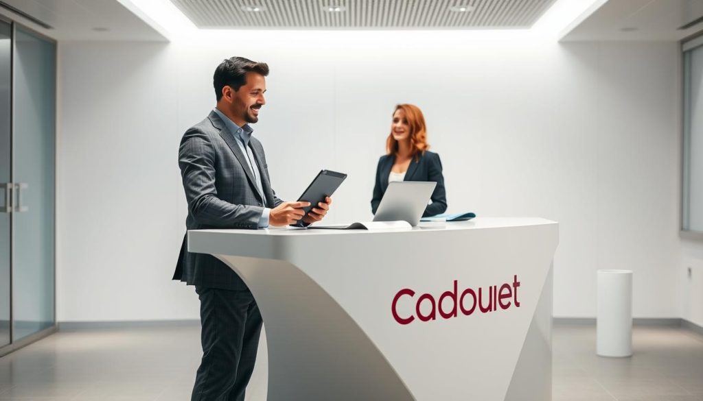 A professional customer service agent standing at a sleek, modern desk in a well-lit, minimalist office space. The agent is dressed in a crisp, tailored suit, radiating confidence and approachability. The desk is adorned with a Cadouet logo and a tablet displaying customer information. The agent is engaged in a warm, attentive conversation, providing personalized assistance. The office environment conveys a sense of efficiency, professionalism, and a commitment to customer satisfaction. Soft, directional lighting illuminates the scene, creating a welcoming and inviting atmosphere.