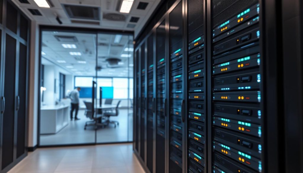 A secure data center in a modern office environment. The foreground shows a sleek, minimalist server rack with blinking lights and cooling fans, symbolizing the secure storage and processing of sensitive information. The middle ground features a floor-to-ceiling glass wall, allowing a glimpse into the controlled access zone with biometric security systems and CCTV cameras monitoring the activity. In the background, the office space is bathed in a soft, ambient lighting, creating a professional and technologically-advanced atmosphere. The overall composition conveys a sense of data safety, privacy, and cutting-edge cybersecurity measures.