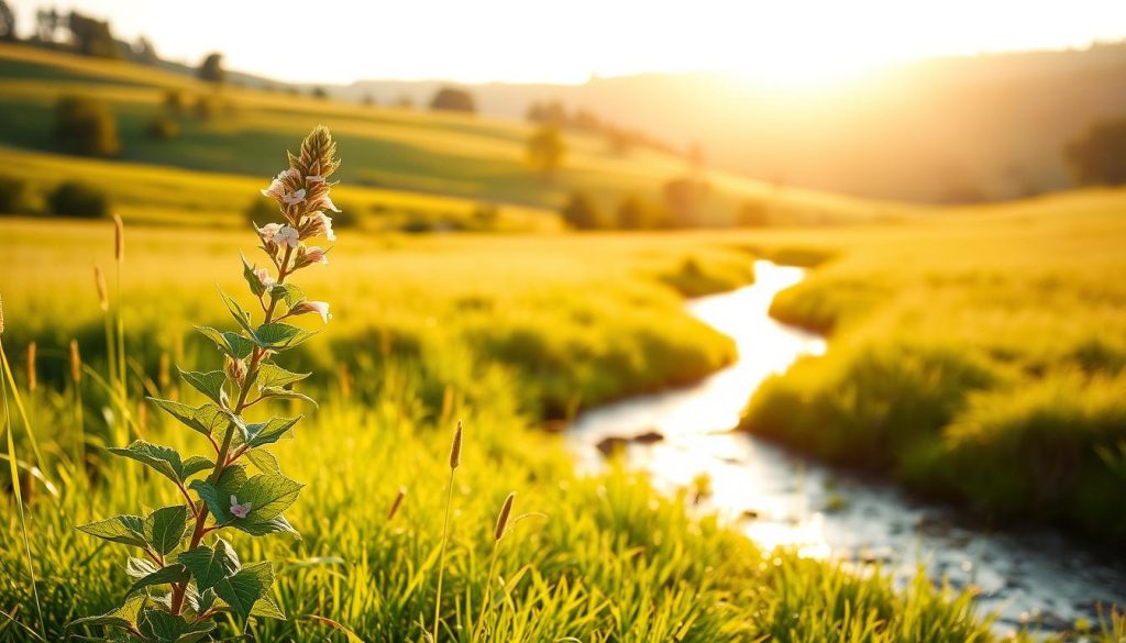 A serene meadow bathed in warm, golden sunlight. In the foreground, a flourishing coqnu plant stands tall, its vibrant green leaves and delicate pink flowers capturing the eye. The middle ground reveals a tranquil stream winding through the lush landscape, its gentle ripples reflecting the natural beauty. In the distance, rolling hills dotted with verdant trees create a peaceful, picturesque backdrop. The composition exudes a sense of harmony and balance, inviting the viewer to appreciate the simple pleasures and natural advantages of the coqnu plant.