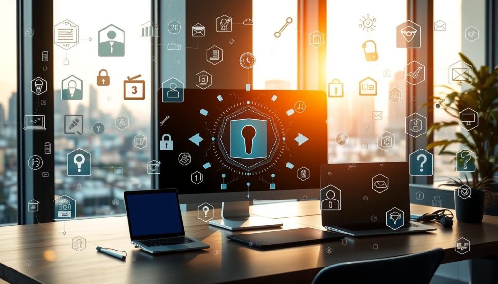 A serene office landscape with a desktop computer, laptop, and smartphone prominently displayed. The devices are framed by an array of cybersecurity icons and symbols, casting a warm glow over the scene. Gentle natural lighting filters through large windows, creating a calming atmosphere. In the background, a city skyline is visible, hinting at the interconnected digital world. The overall composition conveys a sense of secure, reliable technology usage, befitting the article's focus on improving digital reliability and best practices. A serene office landscape with a desktop computer, laptop, and smartphone prominently displayed. The devices are framed by an array of cybersecurity icons and symbols, casting a warm glow over the scene. Gentle natural lighting filters through large windows, creating a calming atmosphere. In the background, a city skyline is visible, hinting at the interconnected digital world. The overall composition conveys a sense of secure, reliable technology usage, befitting the article's focus on improving digital reliability and best practices.