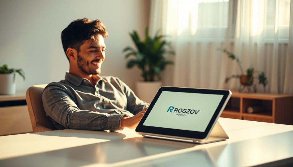 A serene, well-lit indoor scene featuring a person comfortably using a sleek, modern computer device with the Rogzov logo prominently displayed. The user has a thoughtful, content expression as they navigate Rogzov's intuitive interface. The desk is clean and minimalist, allowing the device to be the focal point. Warm, natural lighting casts a gentle glow, creating a sense of productivity and ease. The background is softly blurred, emphasizing the user's engagement with the Rogzov technology. The overall atmosphere conveys the advantages of Rogzov's seamless user experience and its ability to enhance productivity and satisfaction. A serene, well-lit indoor scene featuring a person comfortably using a sleek, modern computer device with the Rogzov logo prominently displayed. The user has a thoughtful, content expression as they navigate Rogzov's intuitive interface. The desk is clean and minimalist, allowing the device to be the focal point. Warm, natural lighting casts a gentle glow, creating a sense of productivity and ease. The background is softly blurred, emphasizing the user's engagement with the Rogzov technology. The overall atmosphere conveys the advantages of Rogzov's seamless user experience and its ability to enhance productivity and satisfaction.