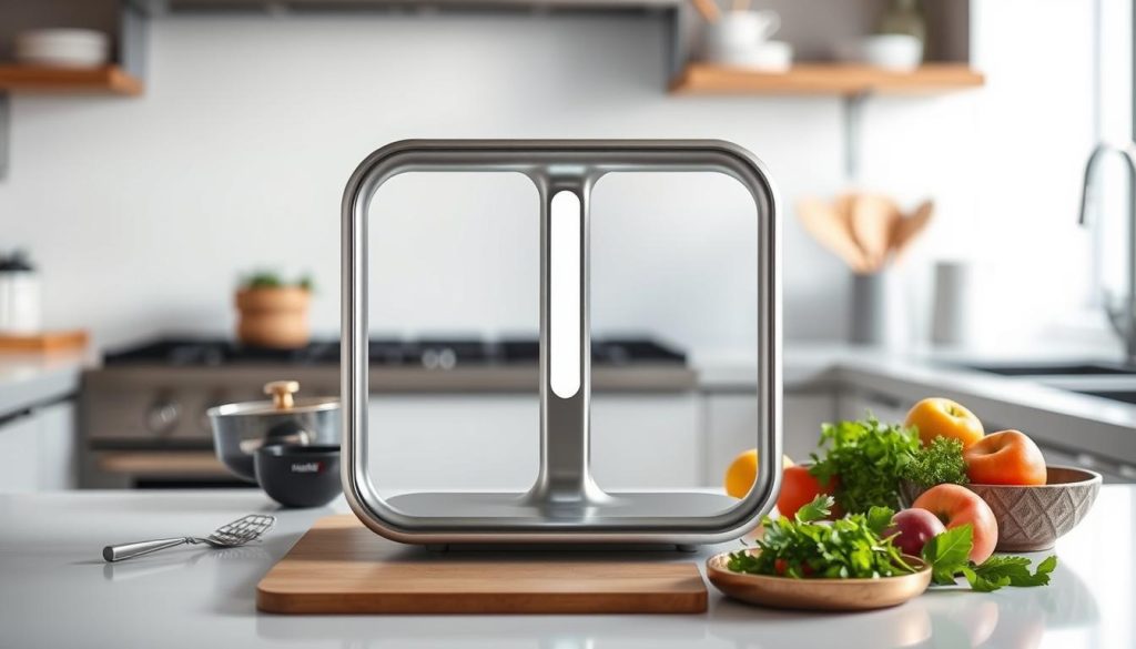 A sleek and modern vitaliseur device stands prominently on a pristine kitchen counter, its smooth metallic frame gleaming under soft, indirect lighting. The vitaliseur's simple yet elegant design is the focal point, surrounded by a minimalist arrangement of fresh produce, herbs, and kitchen tools, hinting at its versatile functionality. The overall scene conveys a sense of efficiency and purpose, suggesting the vitaliseur's role in preparing healthful, natural meals. The background is subtly blurred, keeping the attention firmly on the device and its essential place in a modern, well-equipped kitchen.