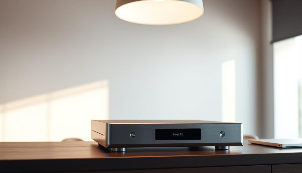 A sleek, modern HD video player on a minimalist desk in a well-lit, contemporary home office. The player has a refined, brushed aluminum chassis with clean lines and a discreet display. Ambient overhead lighting casts a warm, natural glow across the scene, highlighting the player's premium, high-tech aesthetic. The player is set against a subtle, muted background wall, allowing it to be the focal point. Subtle reflections on the player's surface add depth and dimension. The overall mood is one of understated elegance and technological sophistication.