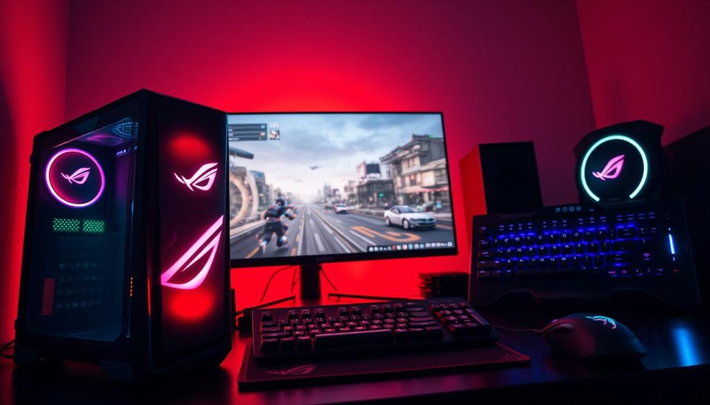 A sleek, well-designed gaming setup with ROG (Republic of Gamers) peripherals and components. In the foreground, a powerful gaming desktop PC adorned with the iconic ROG logo stands ready, its RGB lighting casting a vibrant glow. In the middle ground, a large, high-resolution gaming monitor with thin bezels displays an immersive game scene. To the side, a mechanical gaming keyboard with customizable RGB backlighting and a precision gaming mouse sit poised for action. The setup is bathed in warm, indirect lighting, creating a cozy, focused atmosphere ideal for extended gaming sessions. The overall aesthetic is modern, streamlined, and embodies the premium quality and performance associated with the ROG brand.
