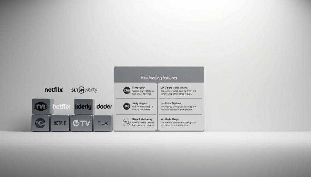 A sophisticated comparison of popular streaming platforms, showcased against a minimalist, monochromatic backdrop. In the foreground, a sleek, metallic grid arrangement displays the logos of leading services, each emanating a subtle glow. The midground features a muted, yet visually striking, presentation of key platform features and statistics, inviting the viewer to analyze and contrast the offerings. The background subtly blends into a soft, gradient-filled environment, creating a sense of depth and focus on the central comparative elements. Lighting is soft and diffused, accentuating the clean, modern aesthetic. The overall mood is one of informed, balanced evaluation, guiding the viewer towards a well-rounded understanding of the streaming landscape. A sophisticated comparison of popular streaming platforms, showcased against a minimalist, monochromatic backdrop. In the foreground, a sleek, metallic grid arrangement displays the logos of leading services, each emanating a subtle glow. The midground features a muted, yet visually striking, presentation of key platform features and statistics, inviting the viewer to analyze and contrast the offerings. The background subtly blends into a soft, gradient-filled environment, creating a sense of depth and focus on the central comparative elements. Lighting is soft and diffused, accentuating the clean, modern aesthetic. The overall mood is one of informed, balanced evaluation, guiding the viewer towards a well-rounded understanding of the streaming landscape.