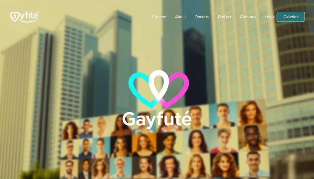 A vibrant, modern website interface showcasing the "Gayfuté" dating app. In the foreground, a stylized logo featuring two intertwined heart shapes in a bold, minimalist design. The middle ground depicts a grid of user profile images, capturing a diverse array of individuals in a warm, natural lighting. In the background, a blurred cityscape backdrop with sleek high-rise buildings, conveying an urban, cosmopolitan atmosphere. The overall mood is one of inclusivity, sophistication, and a sense of opportunity for meaningful connections. The image should communicate the advantages and appeal of the Gayfuté platform to potential users.