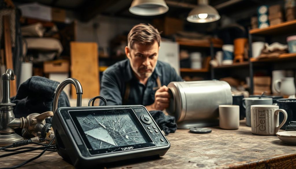 A workshop filled with various faulty products that have quality issues. In the foreground, a broken electronic device with cracked screen lies on a workbench, surrounded by other malfunctioning items like a leaky faucet, a torn clothing item, and a chipped ceramic mug. In the middle ground, a frustrated technician examines a damaged appliance, furrowing their brow in concentration. The background shows shelves stocked with more defective goods, casting a somber, industrial atmosphere under the warm, focused lighting from overhead lamps. The scene conveys the challenges of poor product quality and the efforts required to identify and address these problems.