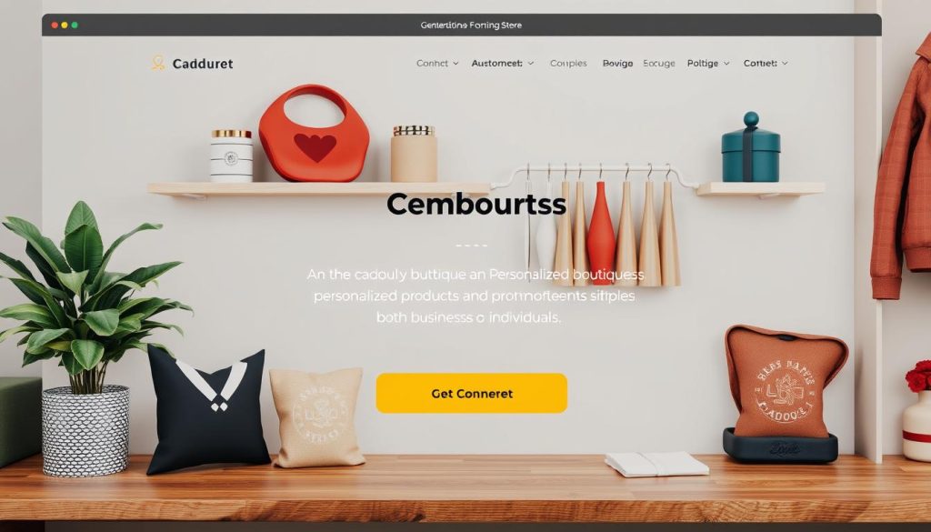Image generation prompt for Cadouet boutique en ligne: Une boutique en ligne avec des produits personnalisés et goodies pour entreprises et particuliers.