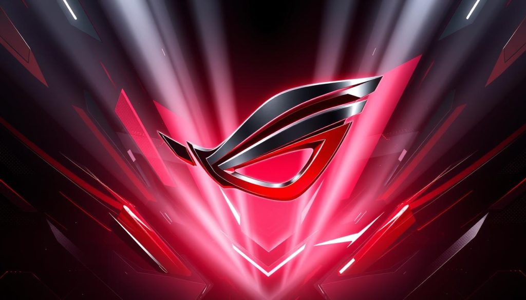a highly detailed and realistic digital illustration of the ASUS ROG logo, rendered in a futuristic and innovative style. The logo is the central focus, floating in the middle ground against a dynamic backdrop of abstract geometric shapes and patterns in shades of red, black, and metallic. Rays of bright white light emanate from the logo, casting dramatic shadows and highlights. The overall composition conveys a sense of technological advancement, power, and the spirit of gaming innovation. The lighting is directional, creating depth and emphasizing the sleek, cutting-edge aesthetic. The image has a cinematic quality, making it suitable for showcasing the latest ROG developments in a visually compelling manner.